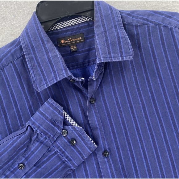 Ben Sherman Shirt Mens 15.5 Button Up Long Sleeve Blue Striped 34-35 - Picture 1 of 13
